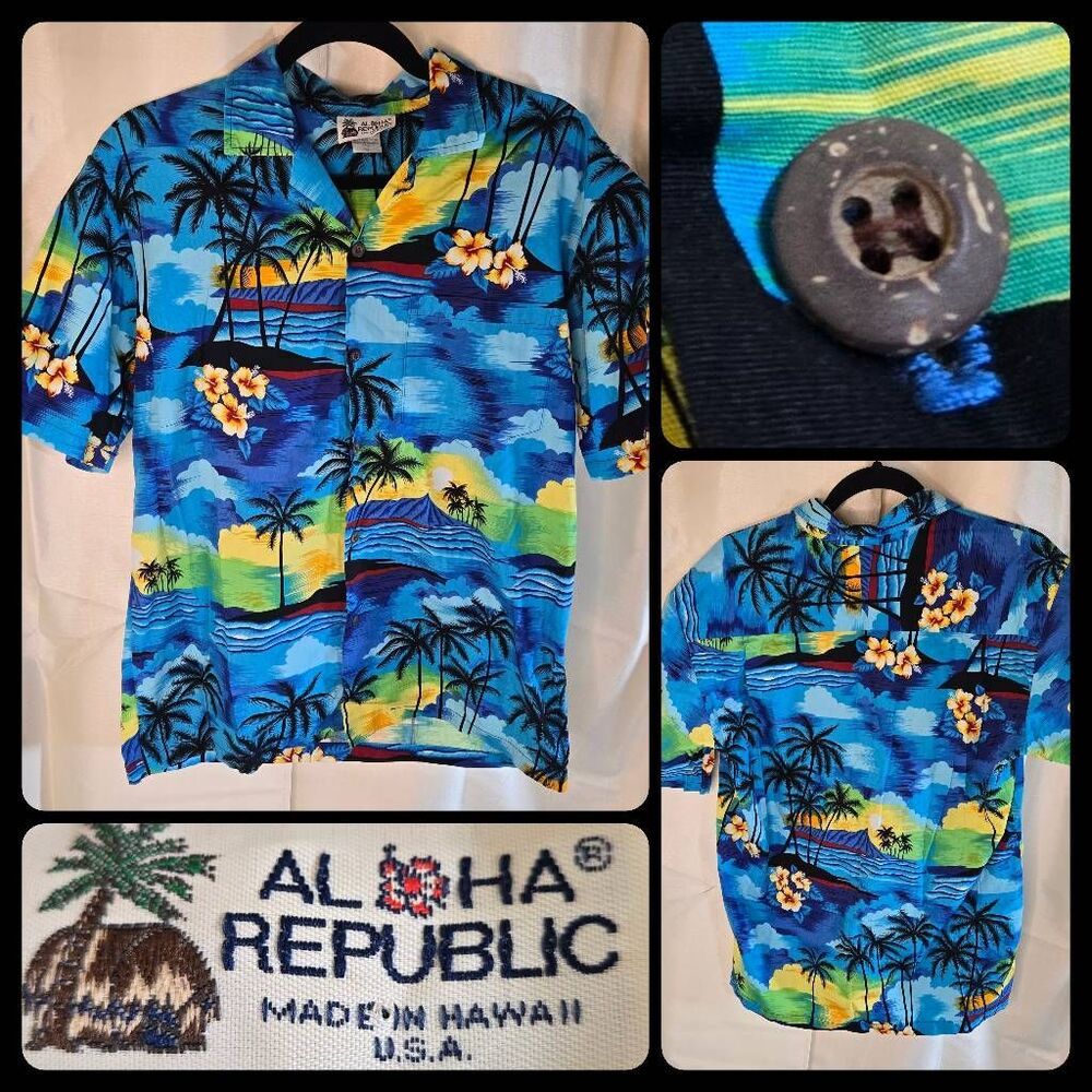 Aloha Republic USA made Hawaiian Sunset Shirt men's sz medium blue teal